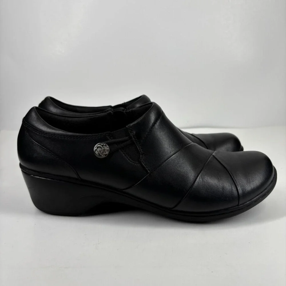Clarks Channing Ann Women's US 11W Black Leather Comfort‎ Slip-On Wedge Loafers